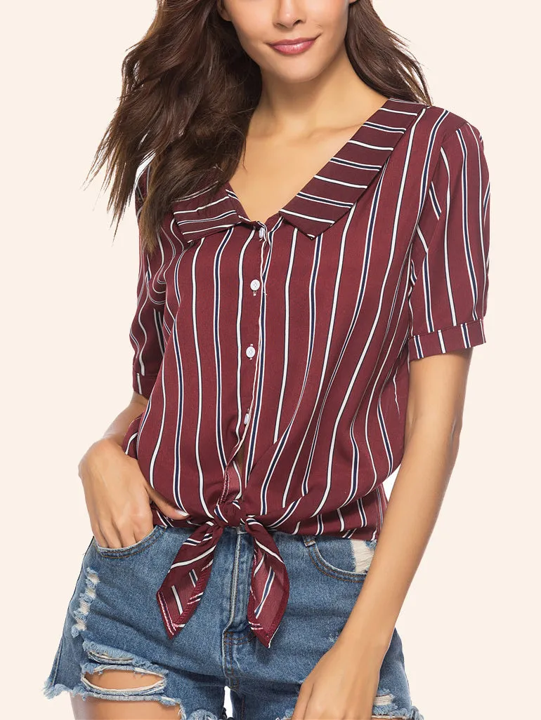 Summer V-neck Striped Lace-up Short-sleeved Shirt