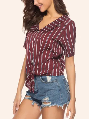 Summer V-neck Striped Lace-up Short-sleeved Shirt