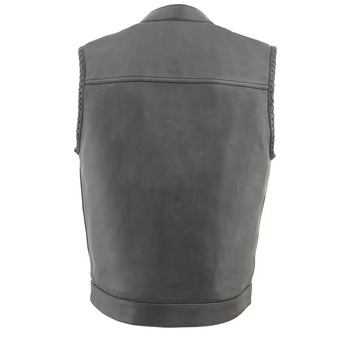 US Flag MLM3508 Men's Black Naked Leather Vest - Old Glory Laced Armholes Black Stitching Club Style Vest