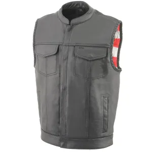 US Flag MLM3508 Men's Black Naked Leather Vest - Old Glory Laced Armholes Black Stitching Club Style Vest