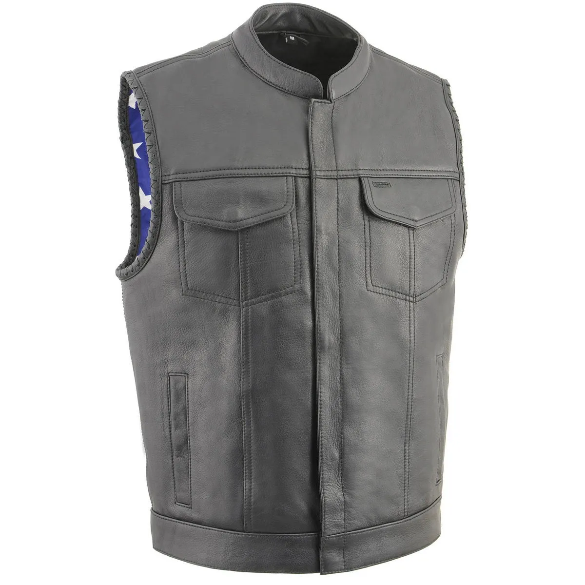 US Flag MLM3508 Men's Black Naked Leather Vest - Old Glory Laced Armholes Black Stitching Club Style Vest