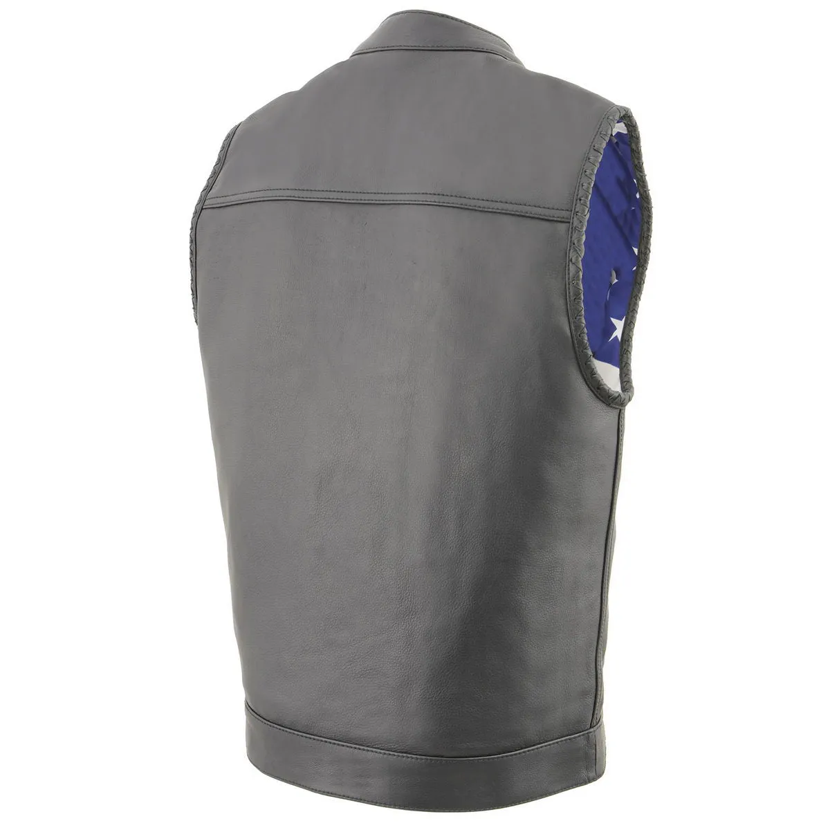 US Flag MLM3508 Men's Black Naked Leather Vest - Old Glory Laced Armholes Black Stitching Club Style Vest