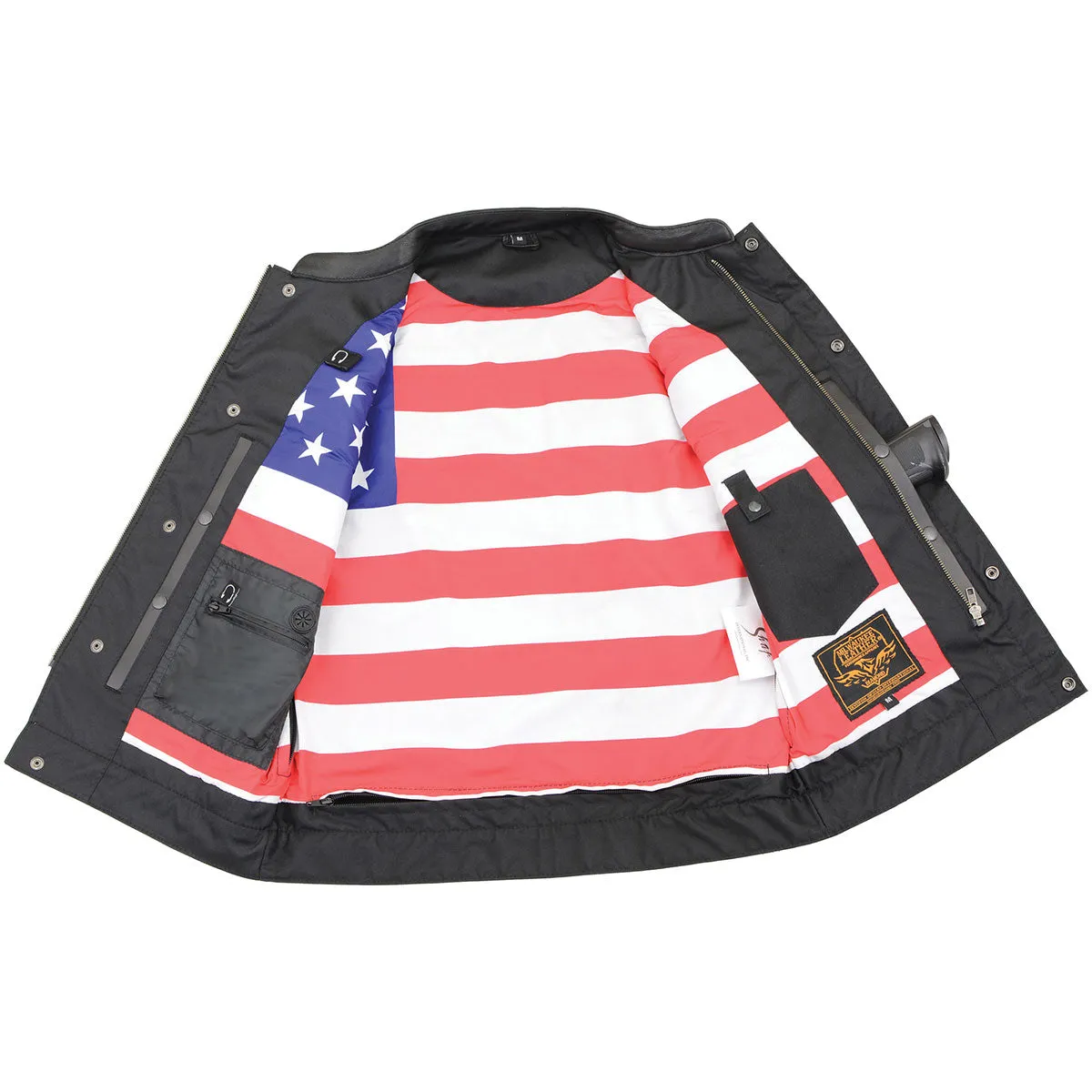 US Flag MLM3508 Men's Black Naked Leather Vest - Old Glory Laced Armholes Black Stitching Club Style Vest