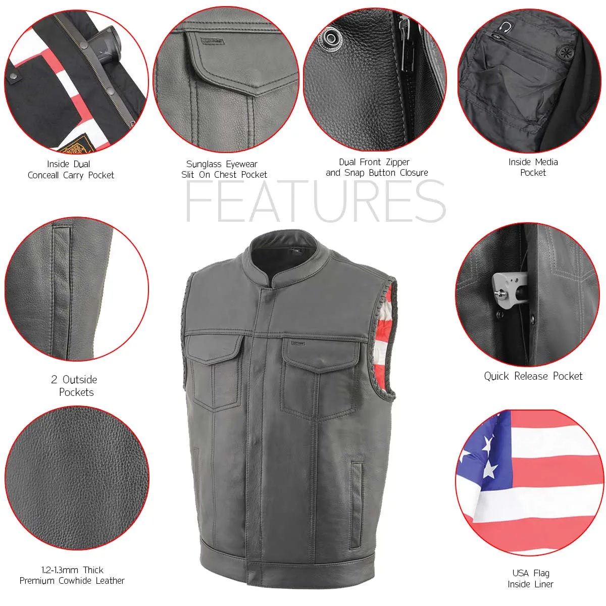 US Flag MLM3508 Men's Black Naked Leather Vest - Old Glory Laced Armholes Black Stitching Club Style Vest