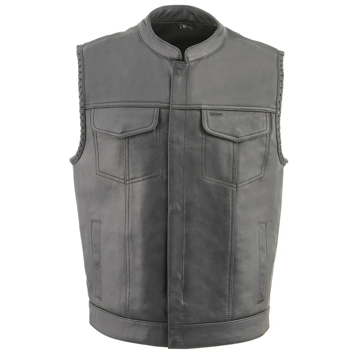 US Flag MLM3508 Men's Black Naked Leather Vest - Old Glory Laced Armholes Black Stitching Club Style Vest