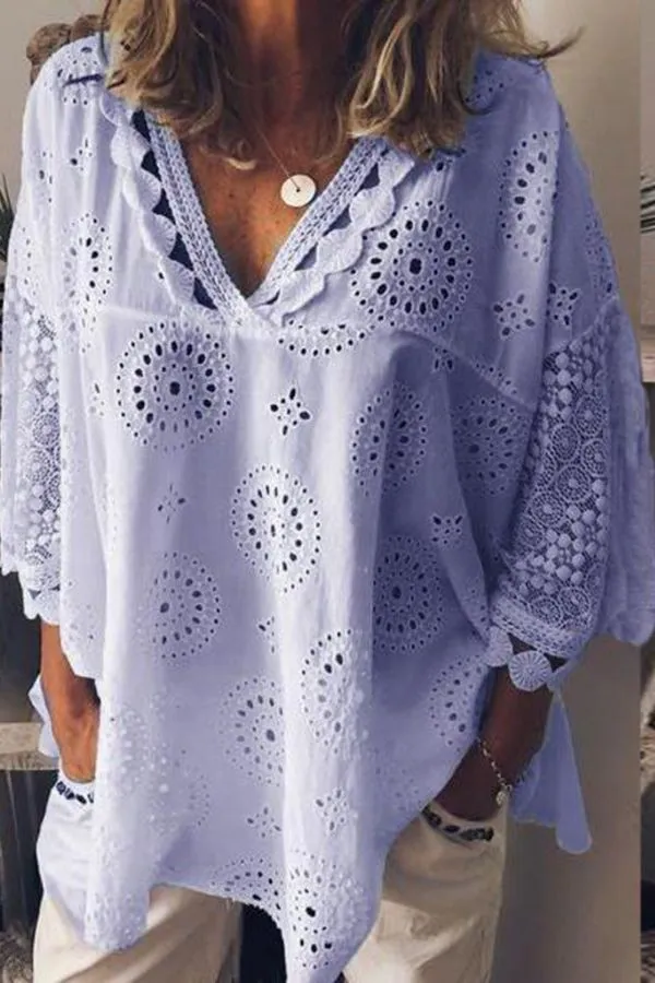 V Neck Casual Hollow Out Blouse