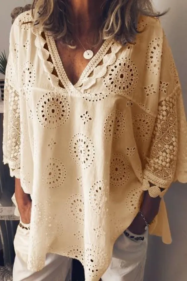 V Neck Casual Hollow Out Blouse