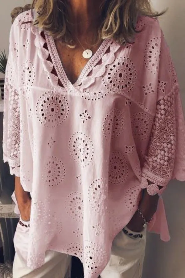 V Neck Casual Hollow Out Blouse