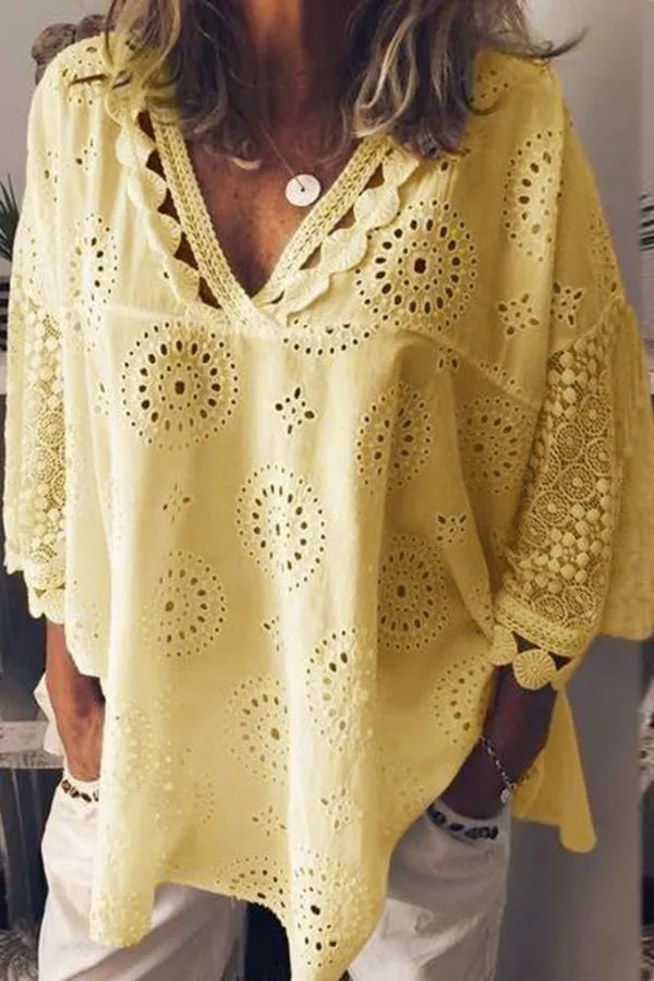 V Neck Casual Hollow Out Blouse