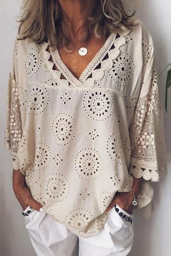 V Neck Casual Hollow Out Blouse