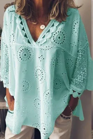 V Neck Casual Hollow Out Blouse