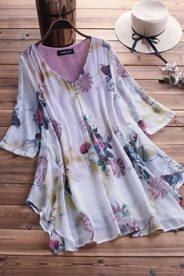 V Neck Cotton & Linen Blouse