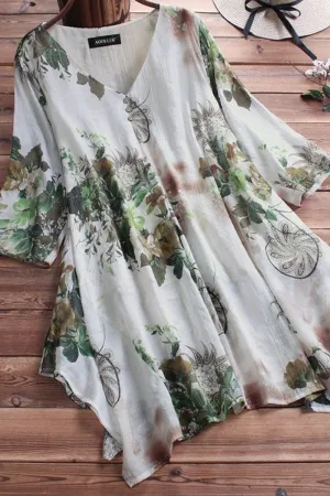 V Neck Cotton & Linen Blouse