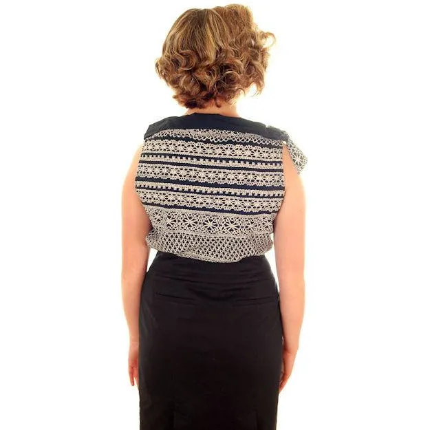Vintage Ladies Blouse Cotton Print Black & White Boat Neck 1950s M