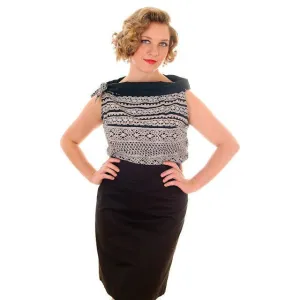 Vintage Ladies Blouse Cotton Print Black & White Boat Neck 1950s M