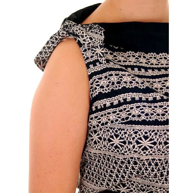 Vintage Ladies Blouse Cotton Print Black & White Boat Neck 1950s M