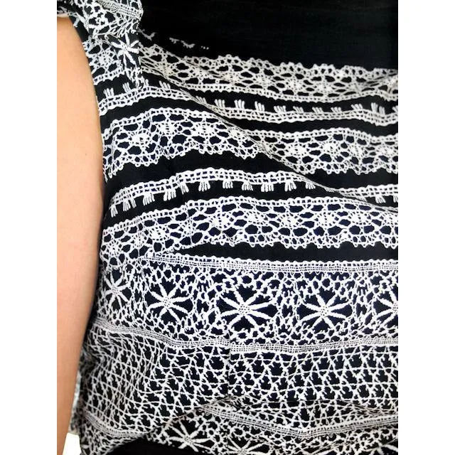 Vintage Ladies Blouse Cotton Print Black & White Boat Neck 1950s M