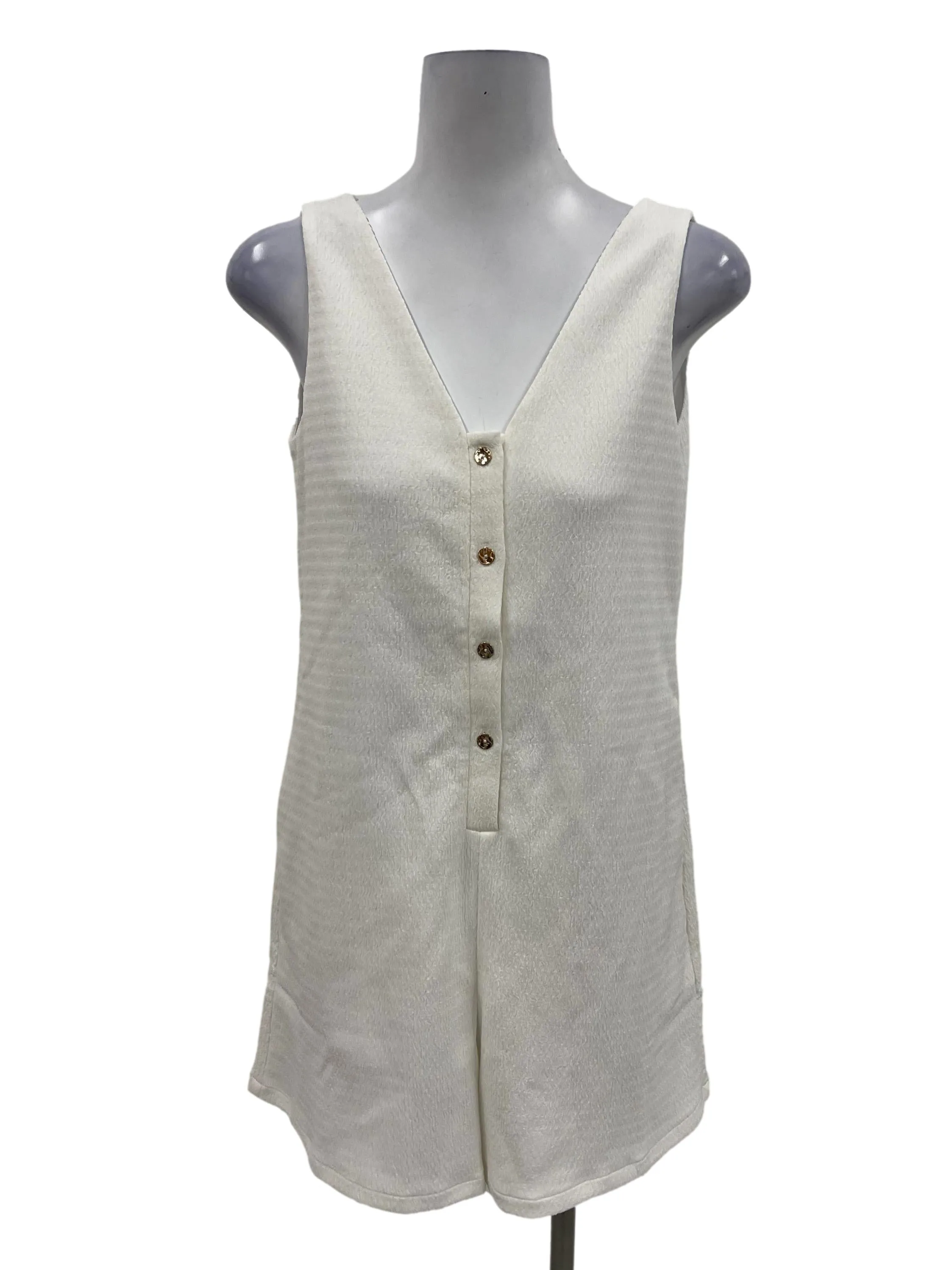 White V-Neck Sleeveless Button Down Romper