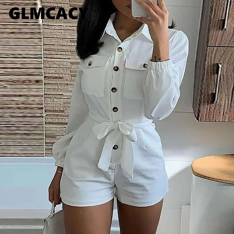 Women Long Sleeve Button Down Turn Down Collar Bodysuit Sashes Slim Rompers Elegant Summer Workwear