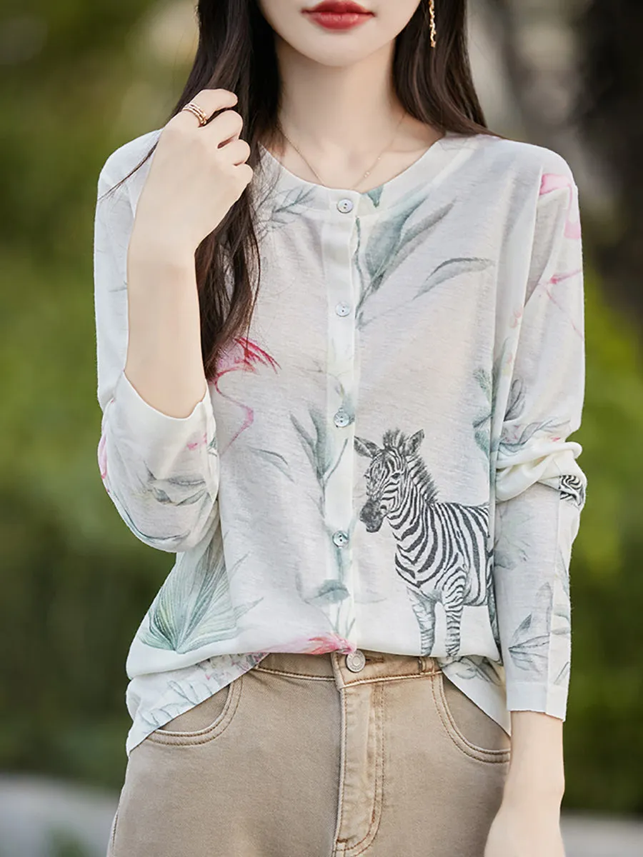 Women Spring Casual Flower O-Neck Thin Shirt