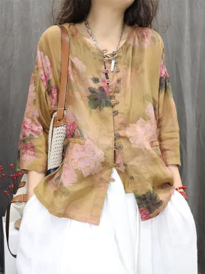 Women Spring Vintage O-Neck Buttoned 100%Ramie Shirt