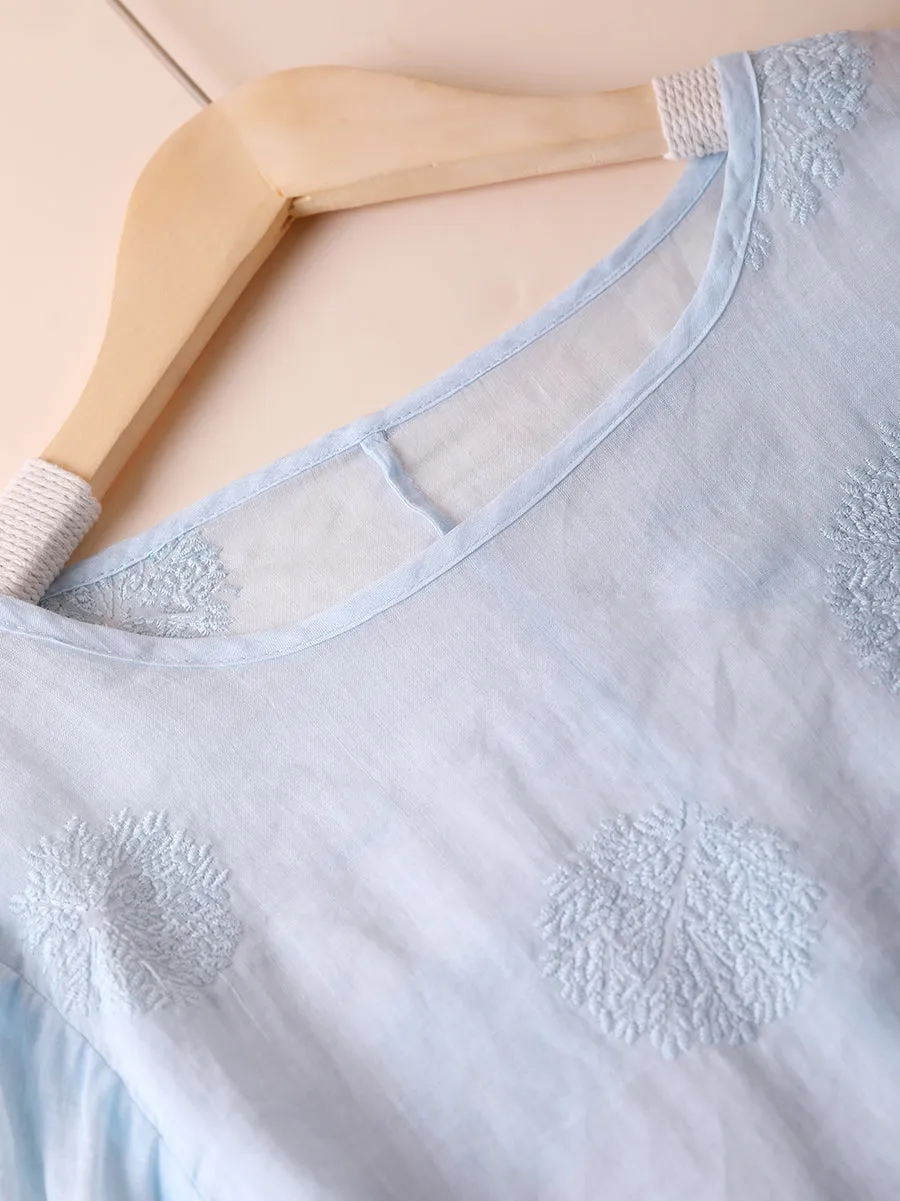 Women Summer Flower Embroidery O-Neck 100%Ramie Shirt