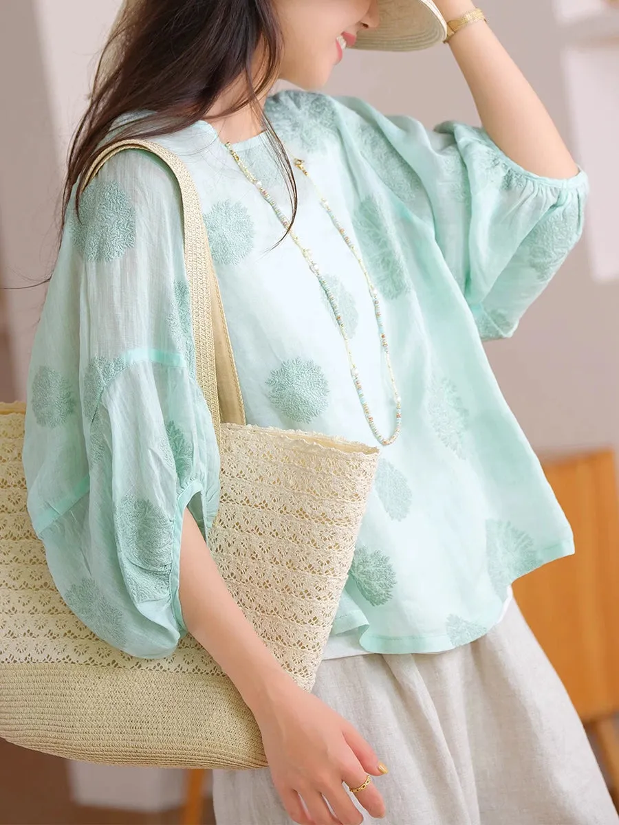 Women Summer Flower Embroidery O-Neck 100%Ramie Shirt