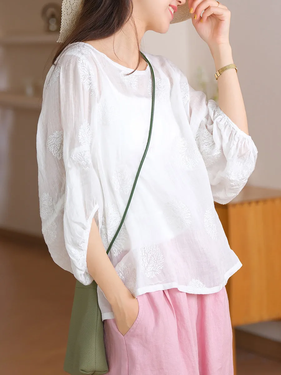 Women Summer Flower Embroidery O-Neck 100%Ramie Shirt