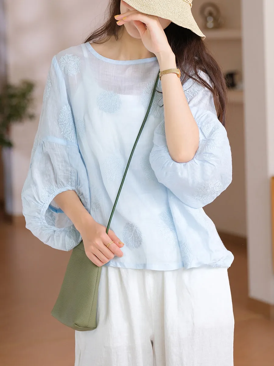 Women Summer Flower Embroidery O-Neck 100%Ramie Shirt