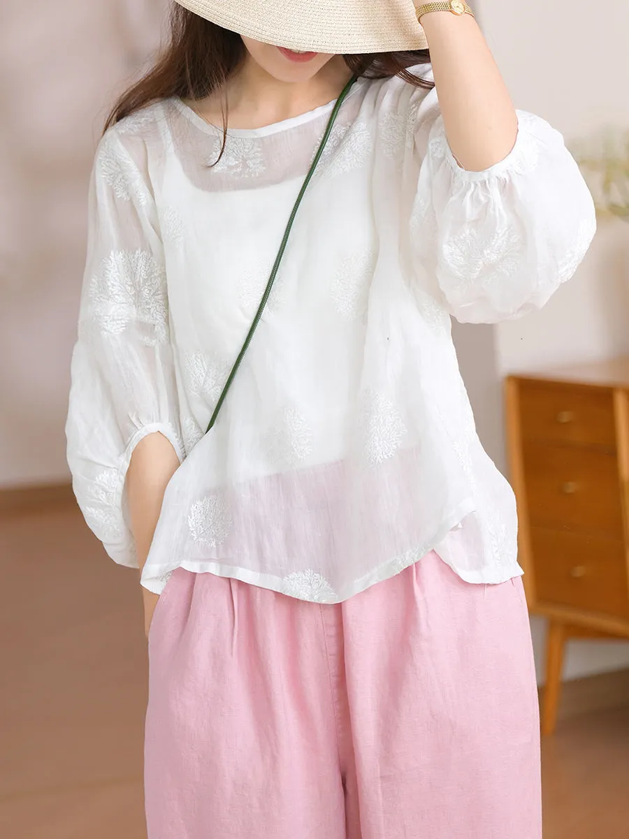 Women Summer Flower Embroidery O-Neck 100%Ramie Shirt