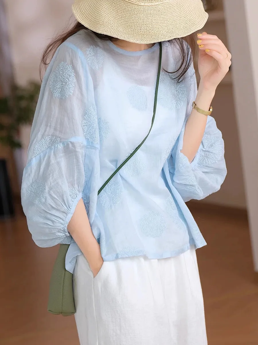 Women Summer Flower Embroidery O-Neck 100%Ramie Shirt