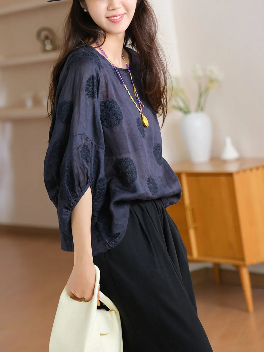 Women Summer Flower Embroidery O-Neck 100%Ramie Shirt
