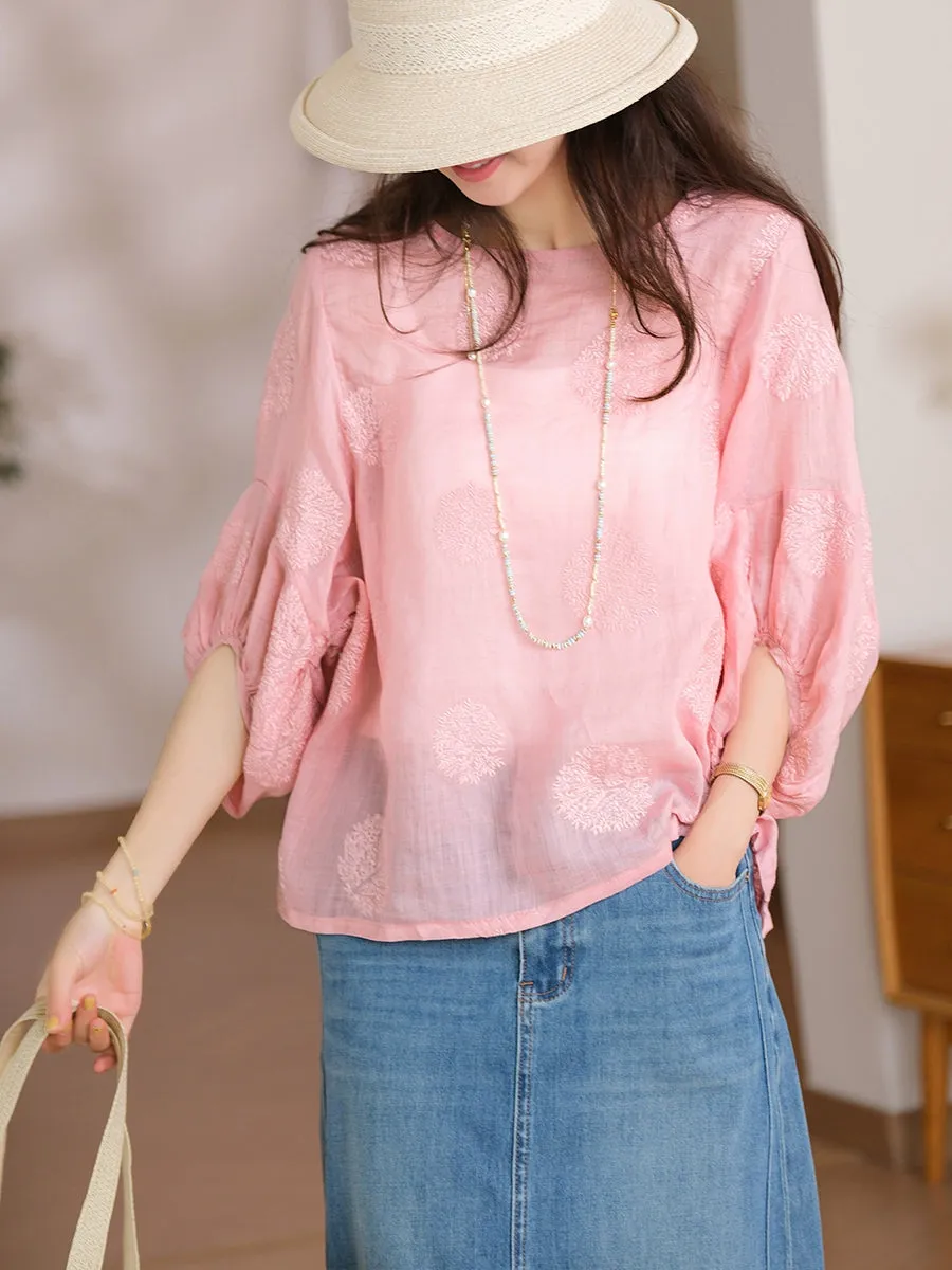 Women Summer Flower Embroidery O-Neck 100%Ramie Shirt