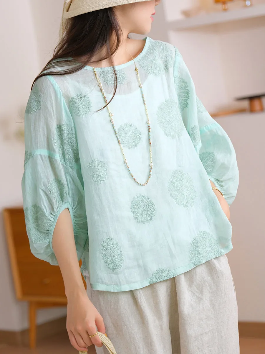 Women Summer Flower Embroidery O-Neck 100%Ramie Shirt