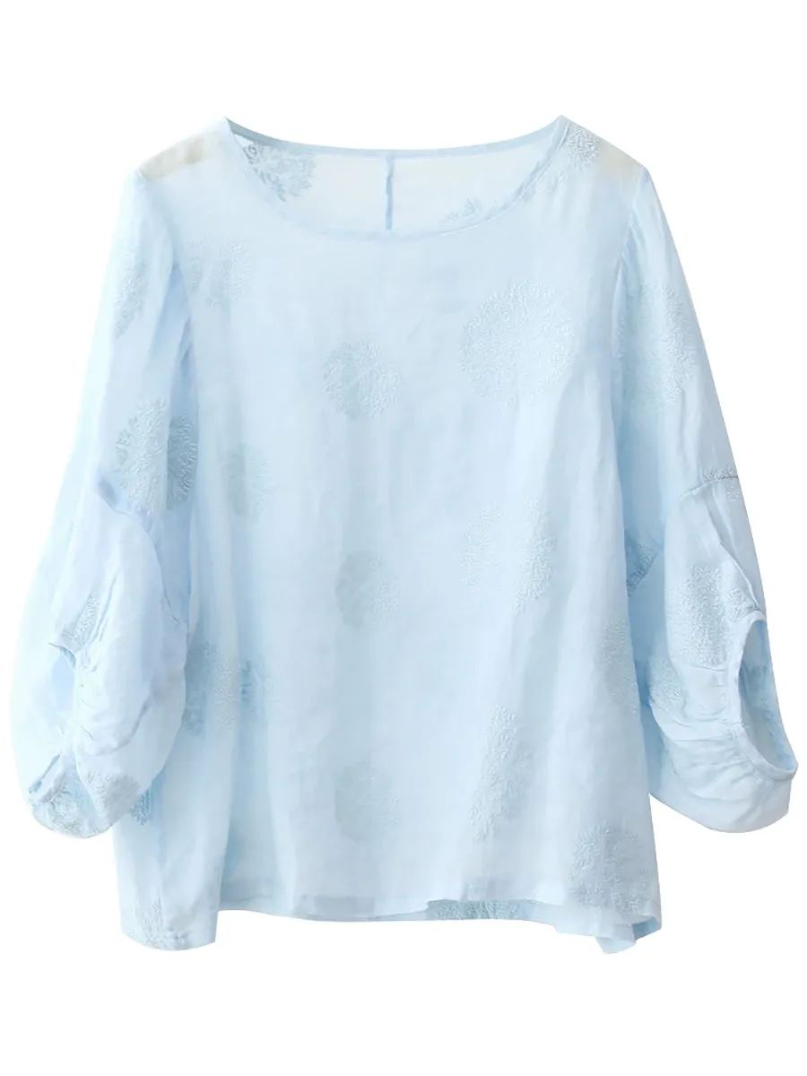 Women Summer Flower Embroidery O-Neck 100%Ramie Shirt