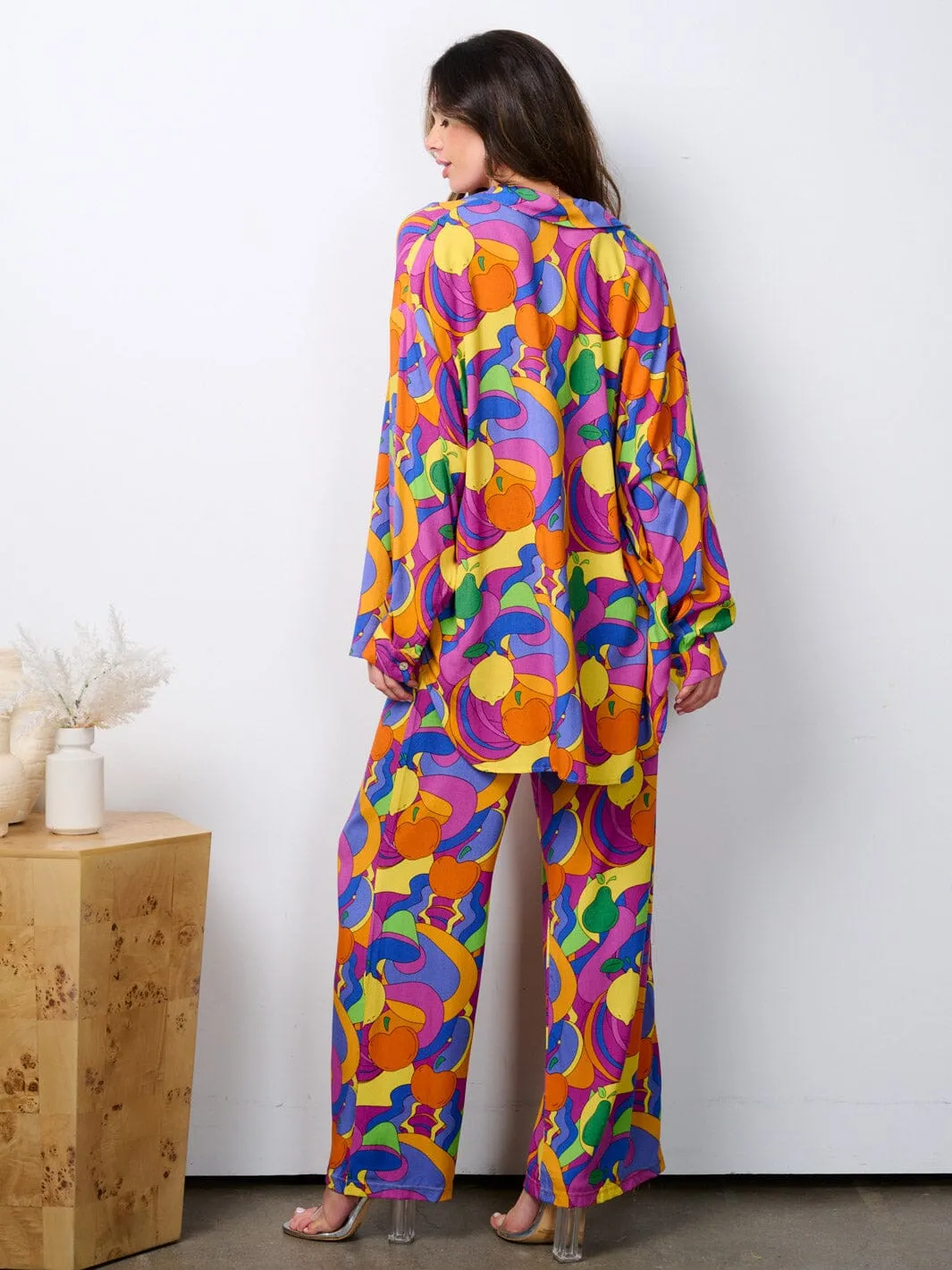 WOMEN'S BRALETTE WITH LONG SLEEVE BUTTON UP TOP & PANTS PRINTED 3PC. SET