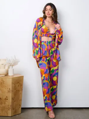 WOMEN'S BRALETTE WITH LONG SLEEVE BUTTON UP TOP & PANTS PRINTED 3PC. SET