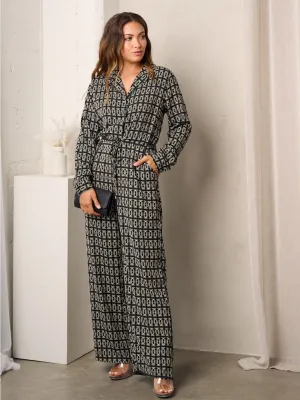 WOMEN'S LONG SLEEVE BUTTON UP MULTI PRINT JUMPSUIT