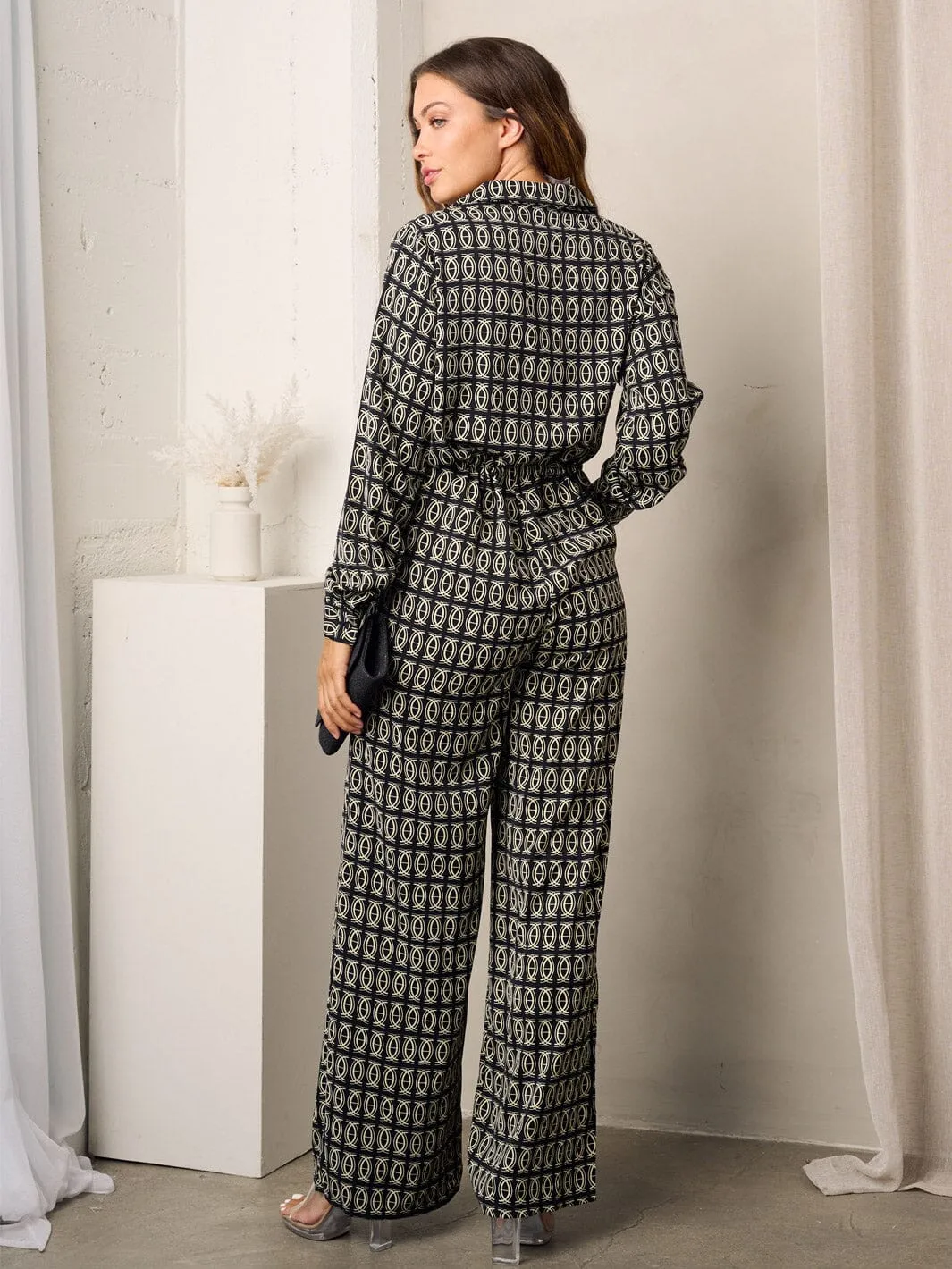 WOMEN'S LONG SLEEVE BUTTON UP MULTI PRINT JUMPSUIT