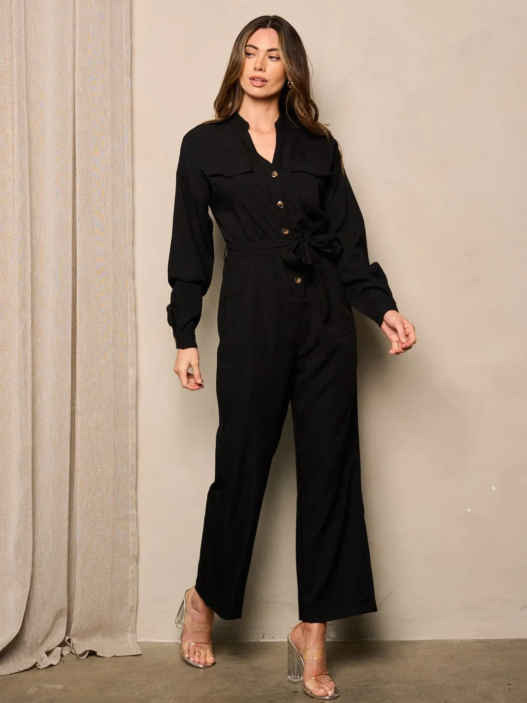 WOMEN'S LONG SLEEVE BUTTON UP  WIDE LEG JUMPSUIT