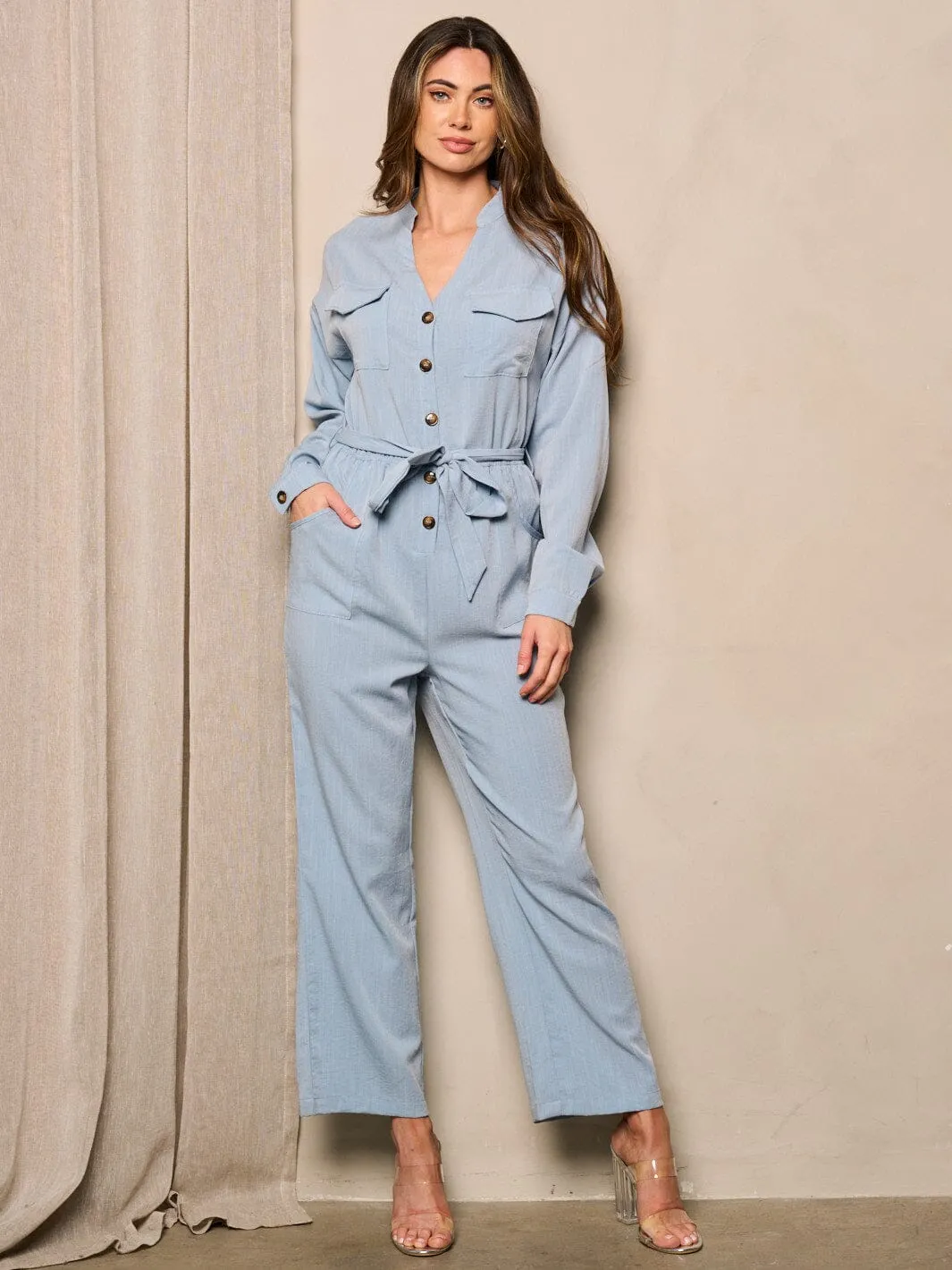 WOMEN'S LONG SLEEVE BUTTON UP  WIDE LEG JUMPSUIT