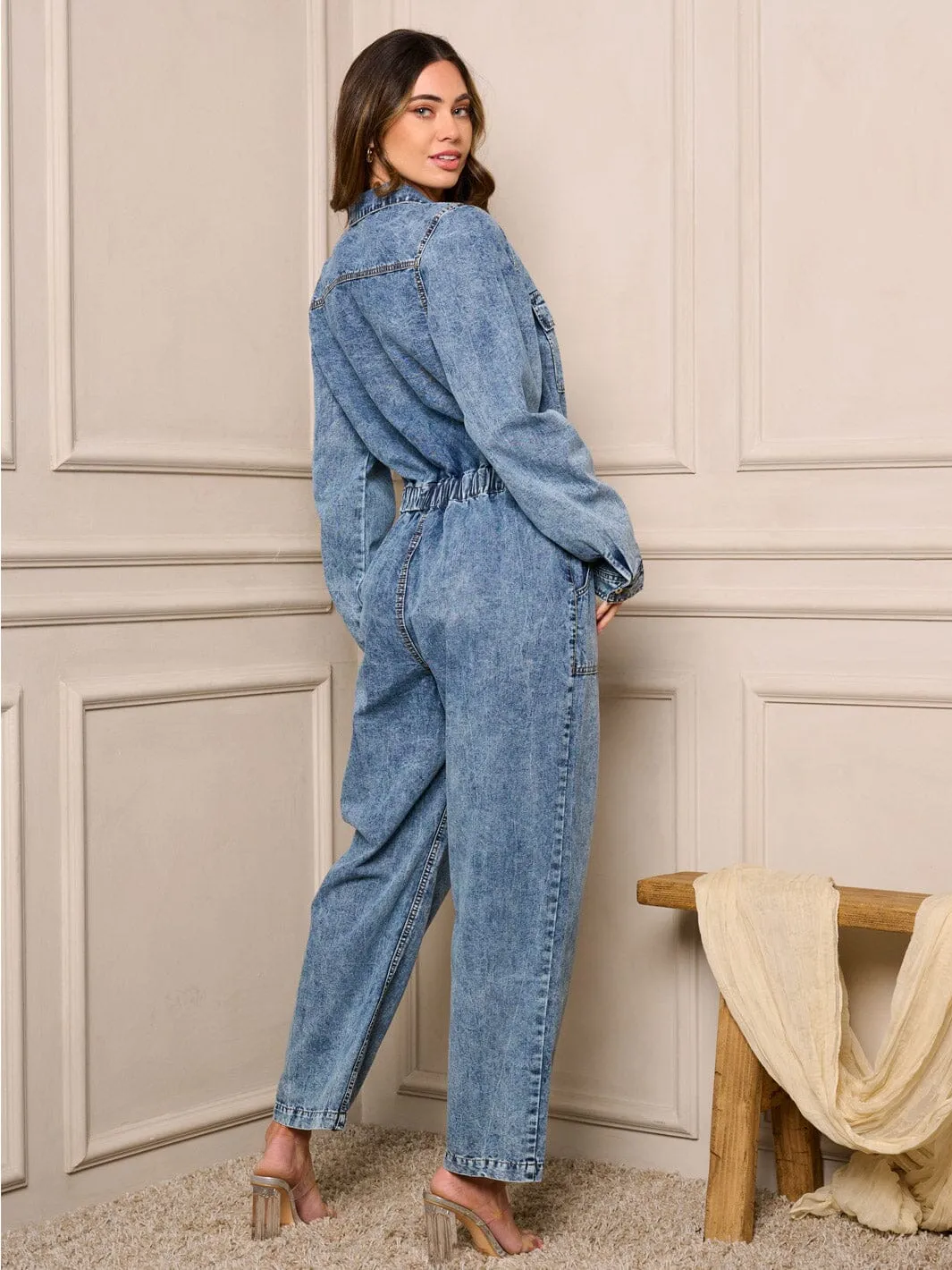 WOMEN'S LONG SLEEVE ZIP UP FRONT POCKETS WASHED JUMPSUIT