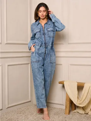 WOMEN'S LONG SLEEVE ZIP UP FRONT POCKETS WASHED JUMPSUIT