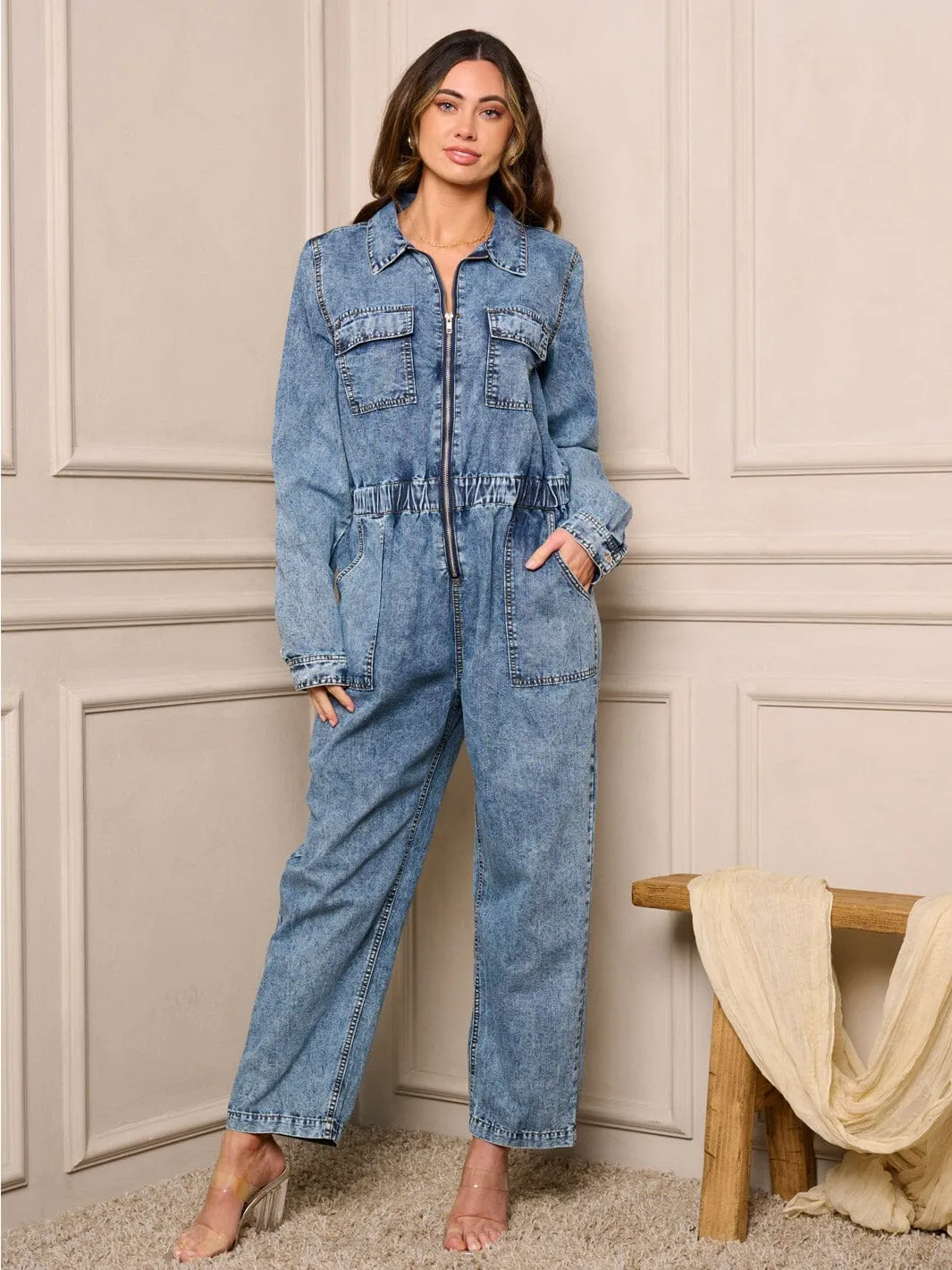 WOMEN'S LONG SLEEVE ZIP UP FRONT POCKETS WASHED JUMPSUIT