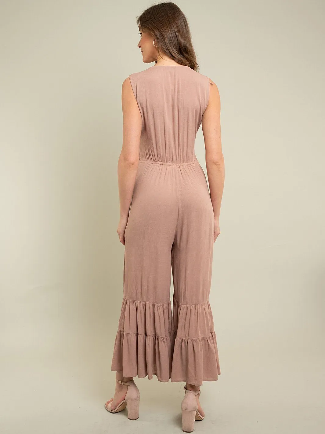 WOMENS RUFFLE BOTTOM BUTTON FRONT JUMPSUIT