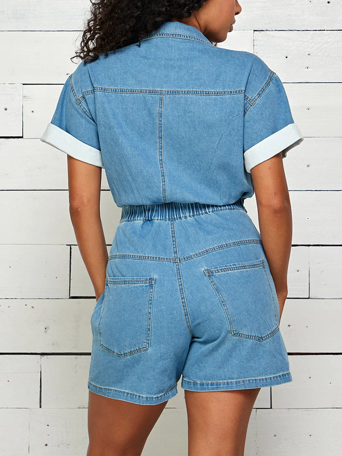WOMEN'S SHORT SLEEVE BUTTON UP POCKETS DENIM ROMPER