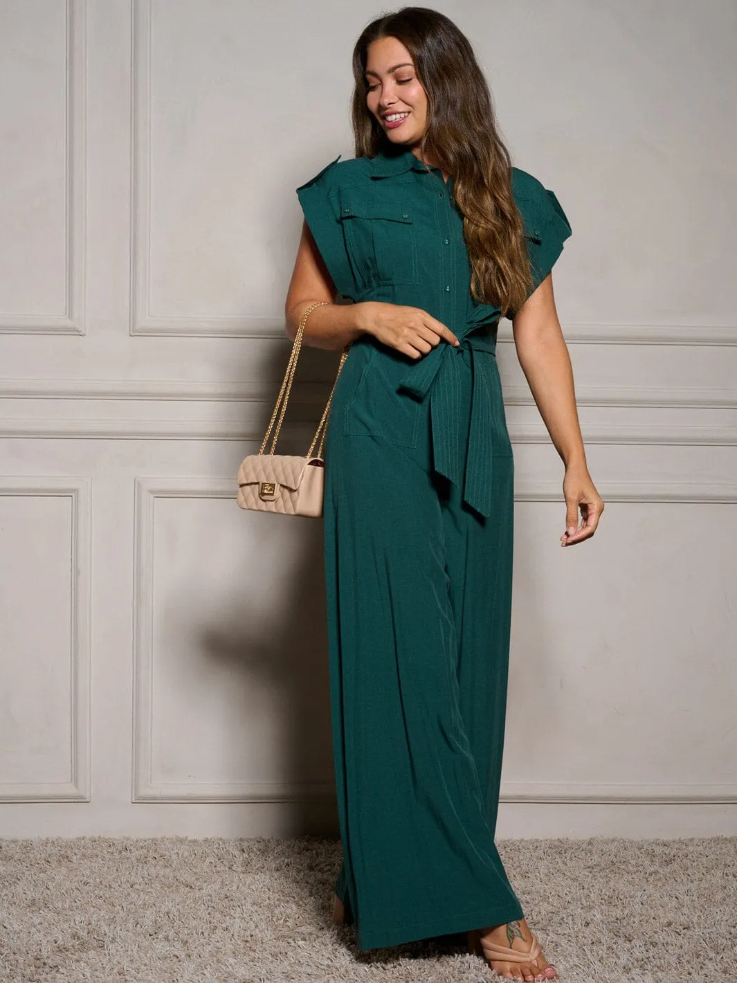 WOMEN'S SHORT SLEEVE BUTTON UP SELF TIE POCKETS WIDE LEG JUMPSUIT