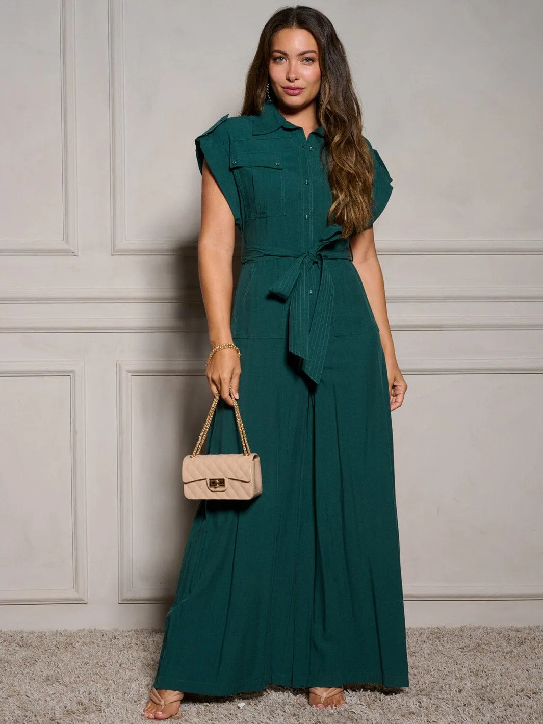 WOMEN'S SHORT SLEEVE BUTTON UP SELF TIE POCKETS WIDE LEG JUMPSUIT