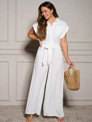 WOMEN'S SHORT SLEEVE BUTTON UP SELF TIE POCKETS WIDE LEG JUMPSUIT