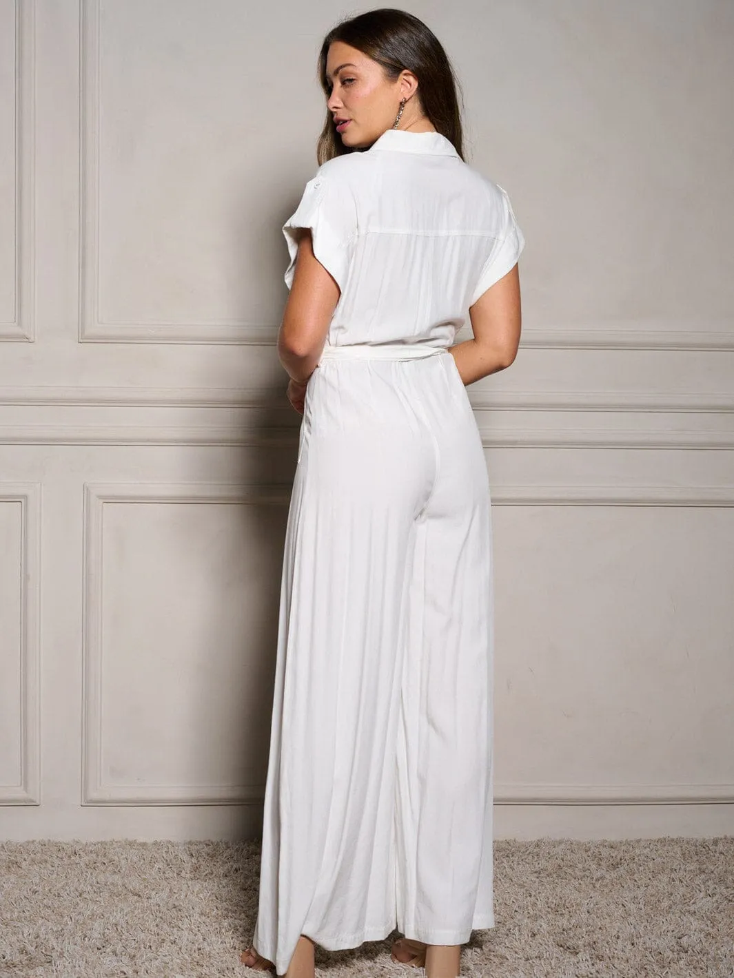 WOMEN'S SHORT SLEEVE BUTTON UP SELF TIE POCKETS WIDE LEG JUMPSUIT